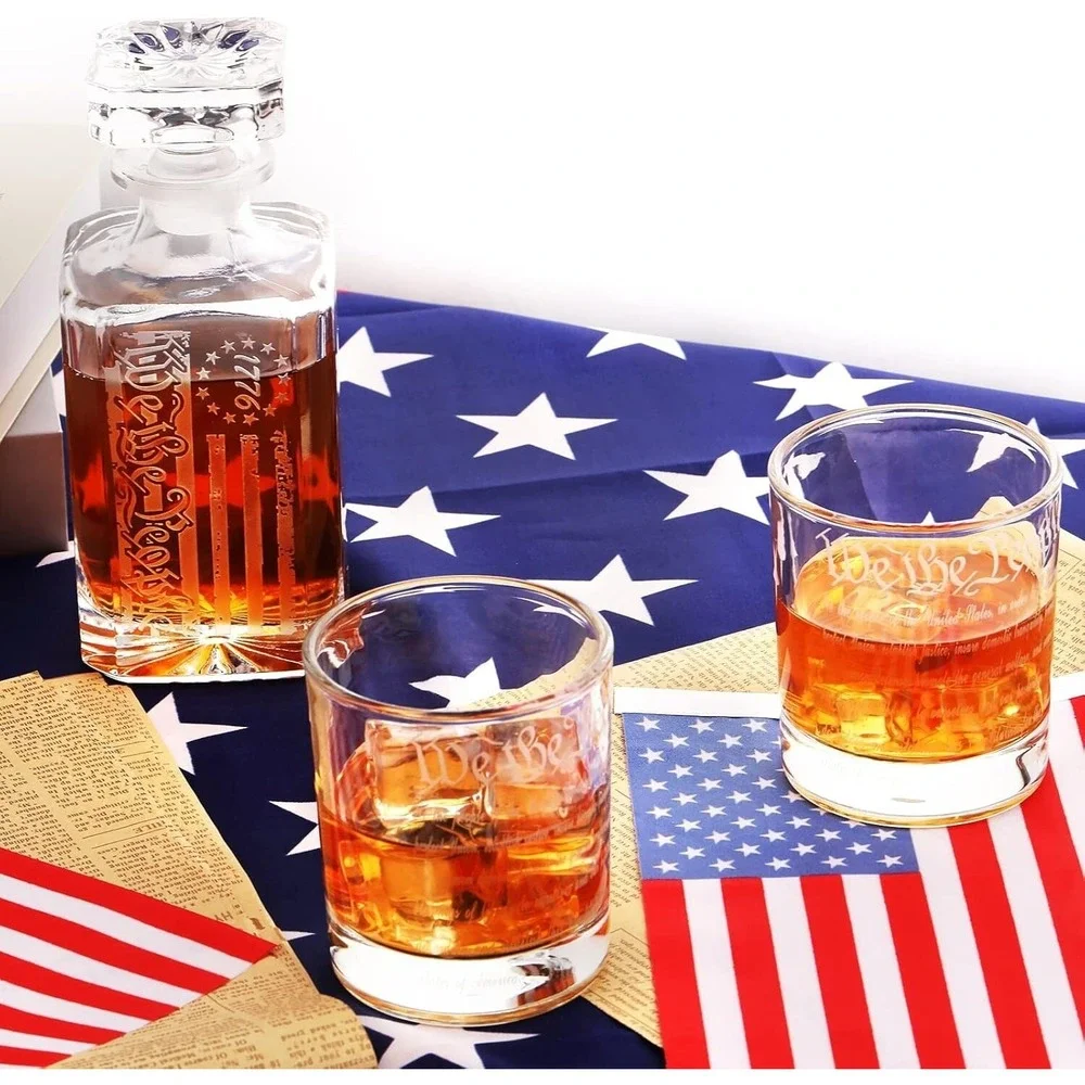 whiskey decanter engraved we the people american flag decanter set with 2 glasse